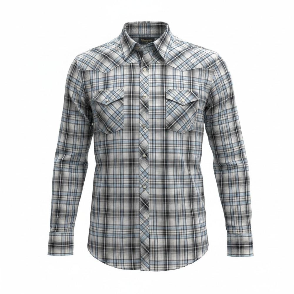 Wrangler Western Shirt Mens 2XL‎ Blue Plaid Metallic Snap Front Long Sleeve